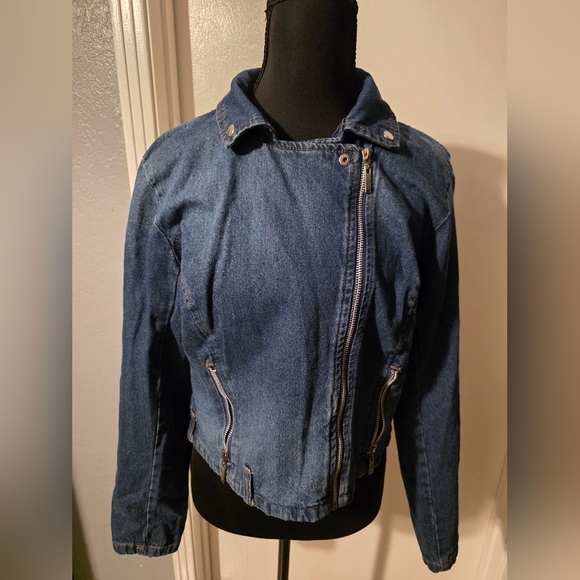 New Look Blue Denim 100% Cotton Moto Style Jacket Size L - Picture 5 of 5